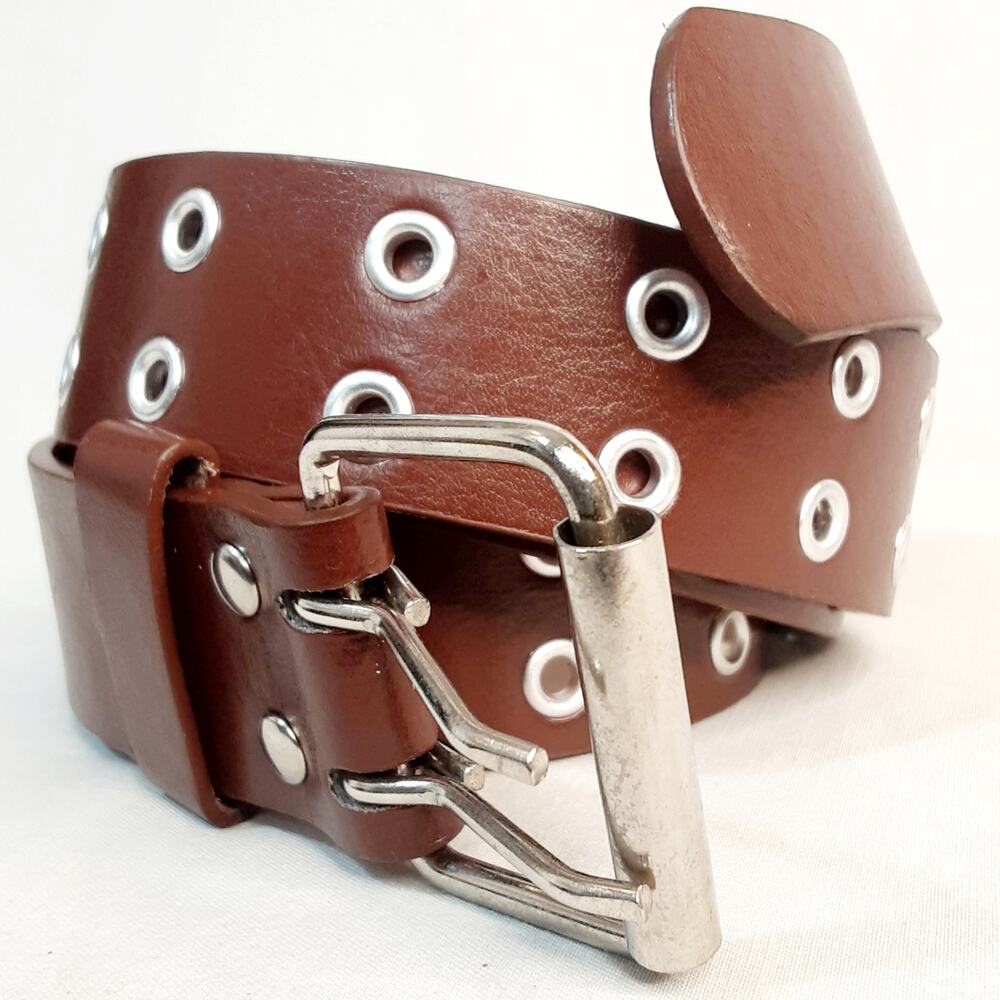 💎Unisex Wide Belt XXL Waist Pecan Brown Faux Leather Double Grommets Througout